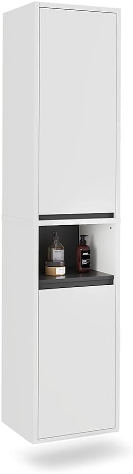 Mobile alto Viola, Bianco/Grigio, 38 x 170 cm con 2 porte, combinabile con la serie Viola per riporre oggetti in bagno