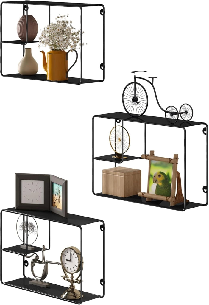 EUGAD Set di 3 Mensole a Muro in Metallo Nero, Scaffali da Parete a 3 Ripiani, Mensole Sospesa di Stile Industriale, per Camera da Letto, Soggiorno, Cucina, 38x11,5x25,5 cm, Nero