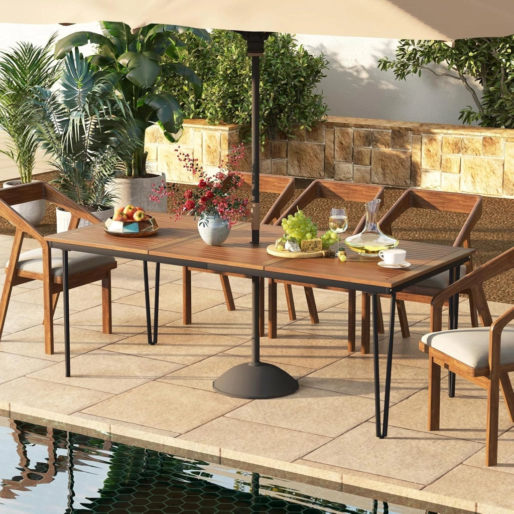 Tavolo da Giardino in Legno di Acacia, Tavolo da Esterno per 8 Persone, Tavolo Rettangolare da Birra con Foro per Ombrellone, 200x90x75 cm