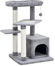 Albero per Gatti a 4 Piani, Torre per Gatti con Tiragraffi, Nicchia, Pallina di Peluche con Sonagli, Piattaforma per Saltare, Albero Tiragraffi Gattini (Grigio)