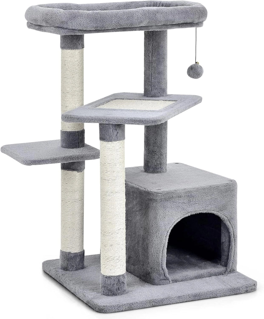Albero per Gatti a 4 Piani, Torre per Gatti con Tiragraffi, Nicchia, Pallina di Peluche con Sonagli, Piattaforma per Saltare, Albero Tiragraffi Gattini (Grigio)