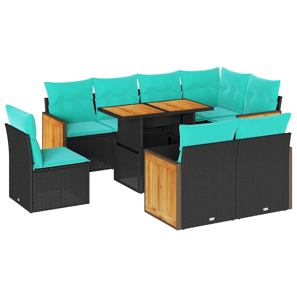 Set Divani da Giardino 9 pz con Cuscini Nero Polyrattan Acacia