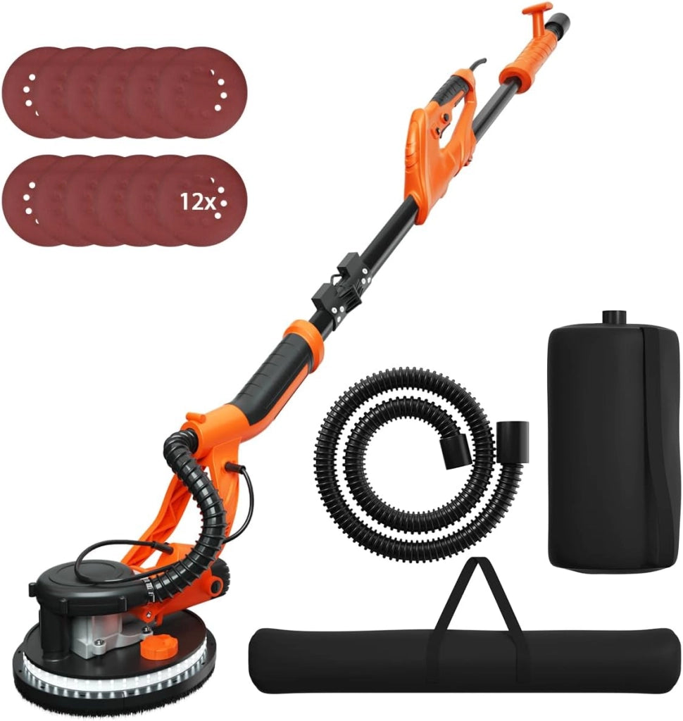 Levigatrice per Muro 750W, Ø 250 MM, 6 Velocità Massima di Rotazione 1750 Giri/Min, Giraffa Levigatrice con Manico Telescopico, Luce LED, 12 Carte Abrasivi & Sacchetto, per Muro, Soffitti