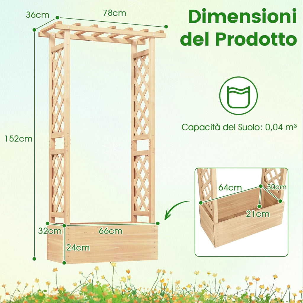 Letto da Giardino Rialzato con Traliccio, Fioriera Rialzata in Legno con Tetto Pendente, Fori di Drenaggio per Piante Rampicanti, Fiori e Verdure (Naturale)