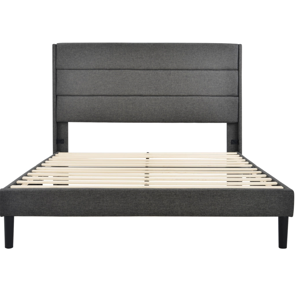 Letto imbottito 140x200 cm; testiera trapuntata; lino grigio scuro (Senza materasso)