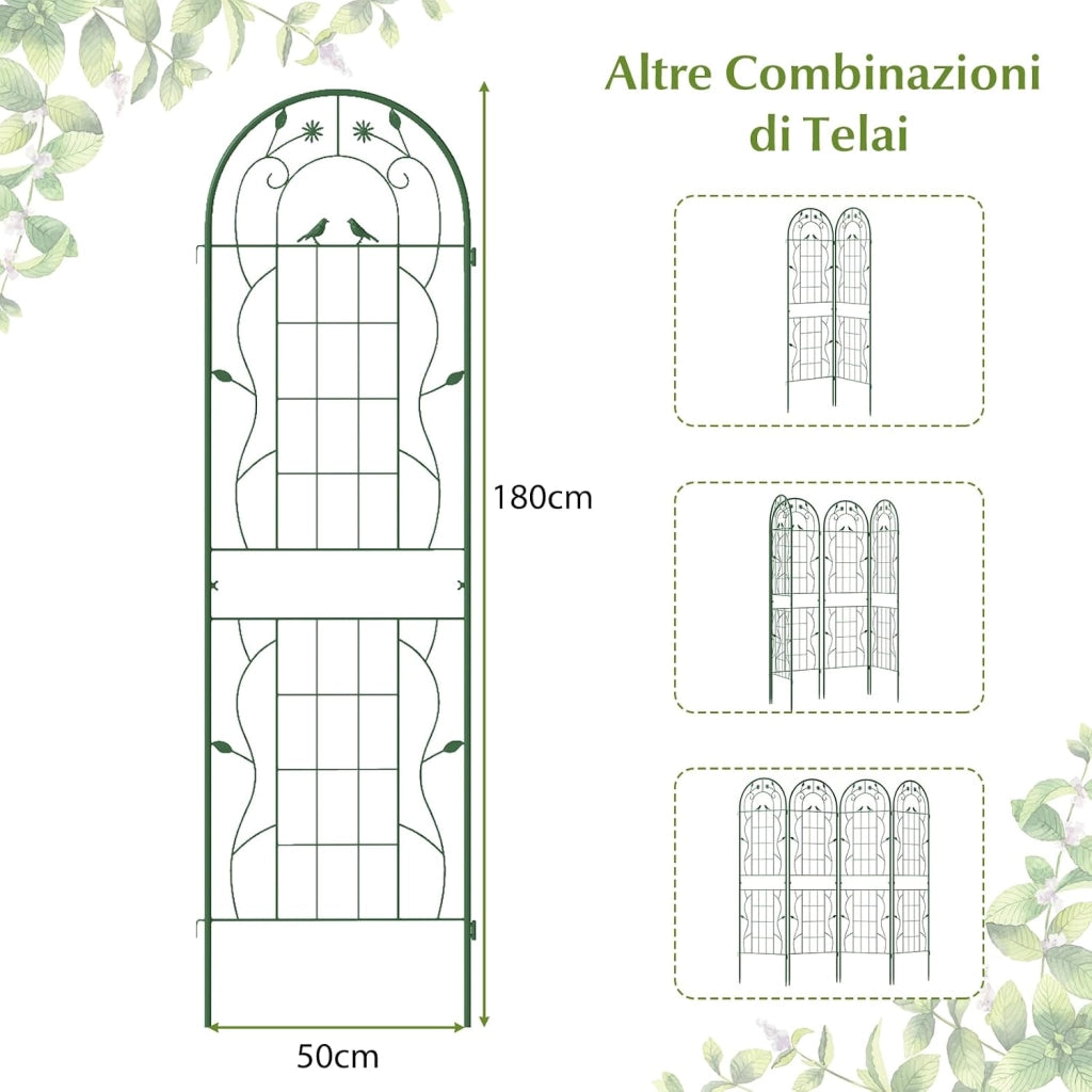 Traliccio da Giardino in Metallo 180 x 50 CM, 4 Pannello di Recinzione Antiruggine per Piante Rampicanti, Rose e Verdure, Decorazione Esterna per Giardino, Cortile, Patio (Verde)