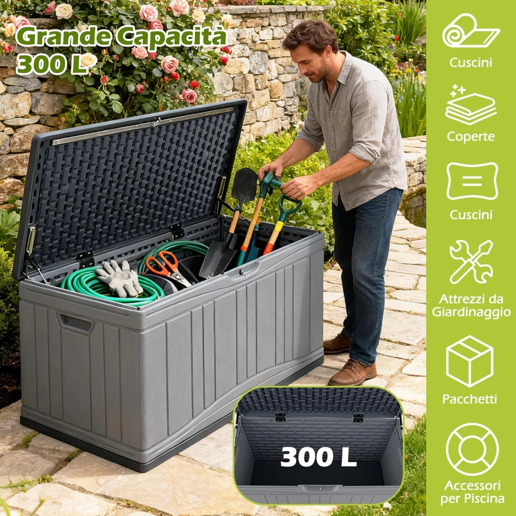 Baule da Esterno 300L Impermeabile in Resina, Cassapanca Contenitore da Esterno con Pistoni a Gas, Predisposizione per Serratura e 2 Maniglie Laterali, Resistente, 114 x 55 x 61 cm (Grigio)