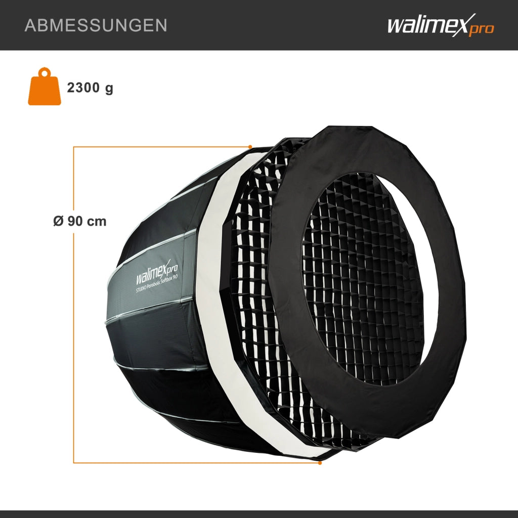 Studio Parabolic Softbox 90cm + adattatore softbox per Hensel Expert, ruotabile a 360°, facile da montare grazie alla funzione ombrello, include griglia, maschera