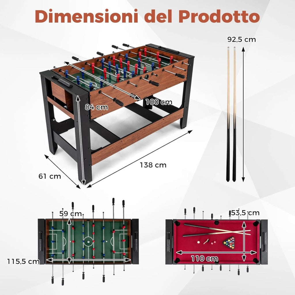 2 in 1 Calcio Balilla, Tavolo da Biliardo con 2 Palline, Stecche Triangolo Spazzola e Gessetti, Tavolo Multigioco per Casa Sala Giochi e Feste