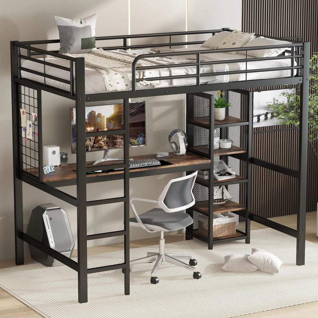LETTO A SOPPALCO con scrivania e scaffale 90x200 cm MDF e metallo nero/rovere scuro