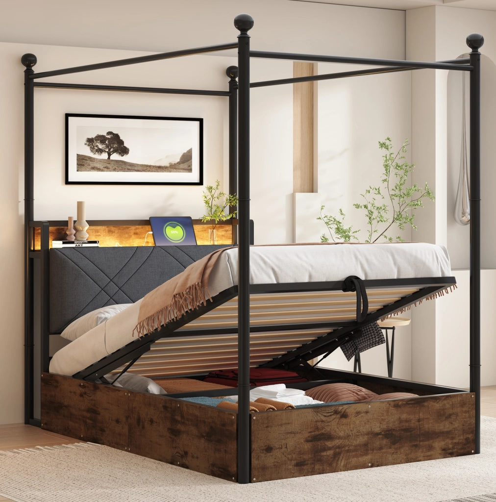 Letto singolo 90x190 cm con contenitore idraulico, LED e prese USB-C