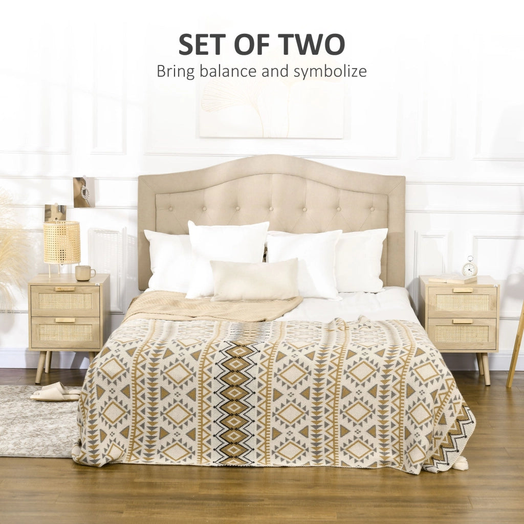 Set 2 Comodini con 2 Cassetti 40x40x56 cm in Legno e Rattan Naturale