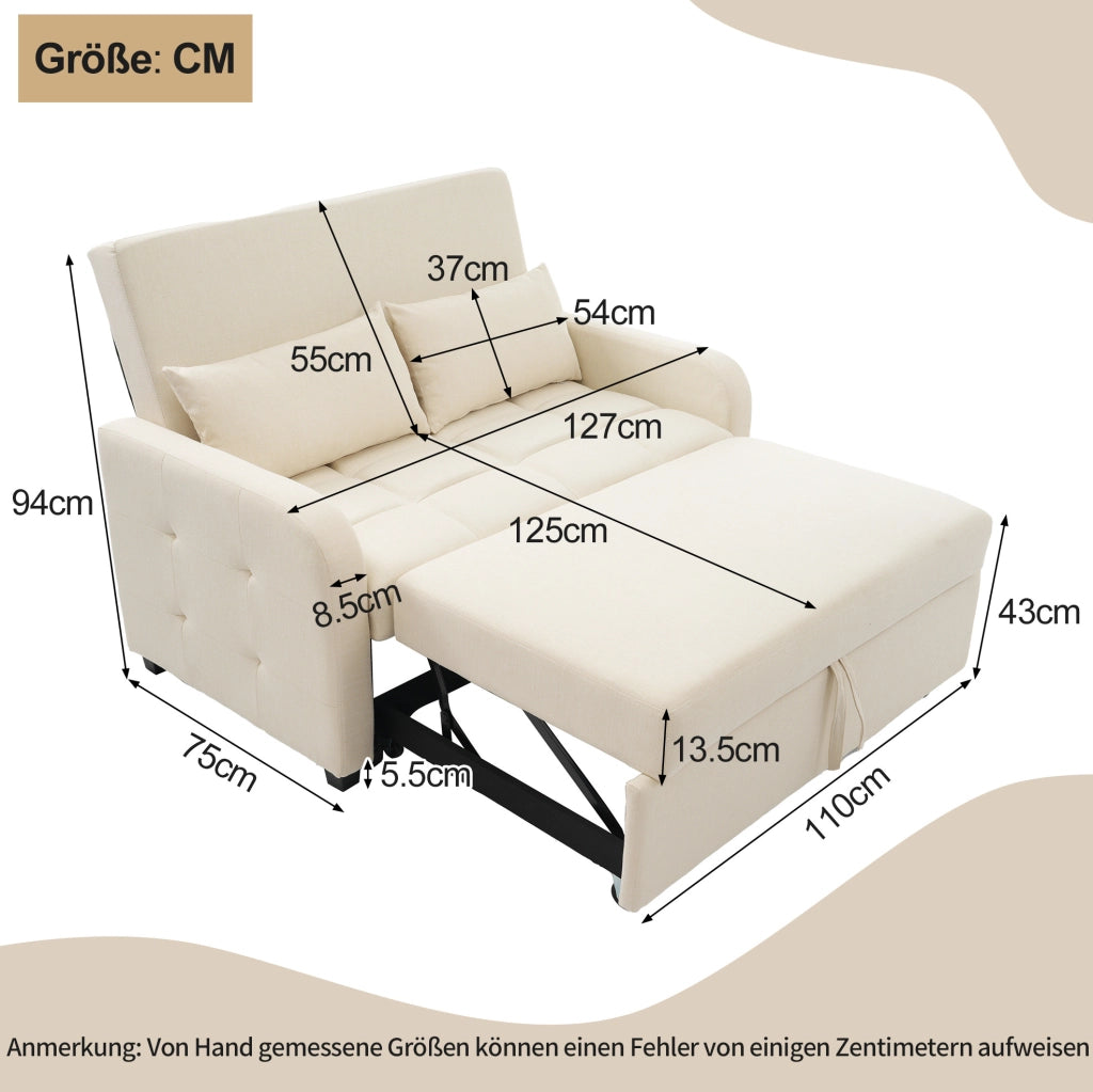 Divano letto pieghevole beige con schienale regolabile e due cuscini per ambienti compatti