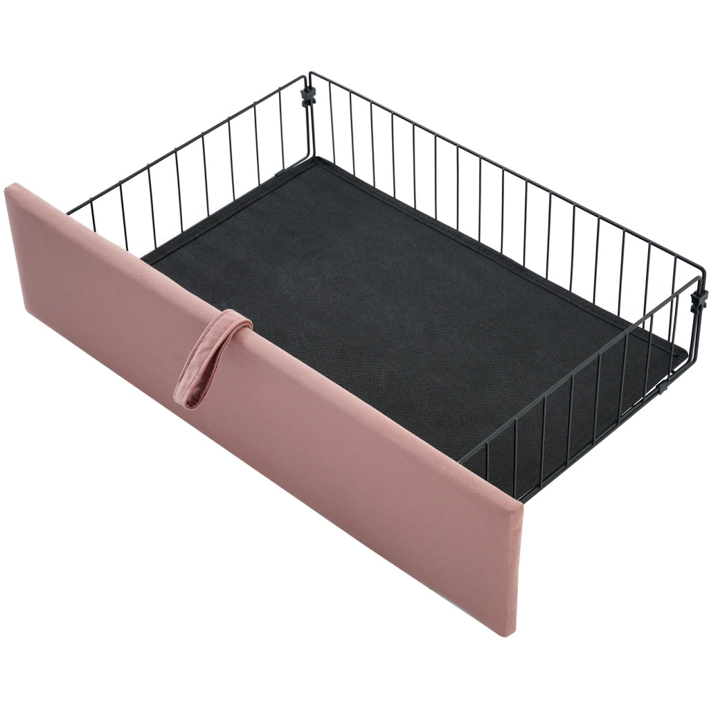 Letto singolo 90x200 cm in velluto rosa con LED RGB; testiera regolabile e cassetto