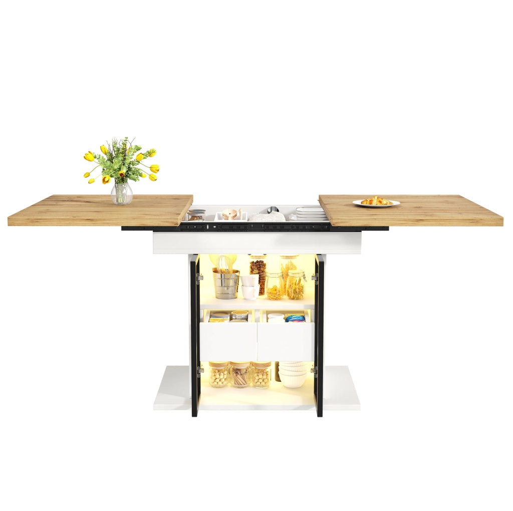 Tavolo da pranzo allungabile 110-140 x 80 cm con contenitore e LED RGB; bianco