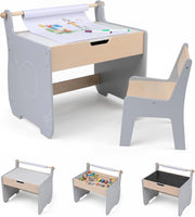 Set Tavolo e Sedia per Bambini 2 in 1, Set con Scrivania e Sedia in Legno per Bambini con Piano Rimovibile, Spazio di Archiviazione e Porta Rotolo di Carta per Aula e Cameretta (Grigio)