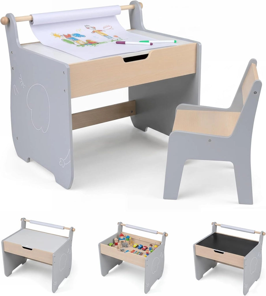 Set Tavolo e Sedia per Bambini 2 in 1, Set con Scrivania e Sedia in Legno per Bambini con Piano Rimovibile, Spazio di Archiviazione e Porta Rotolo di Carta per Aula e Cameretta (Grigio)