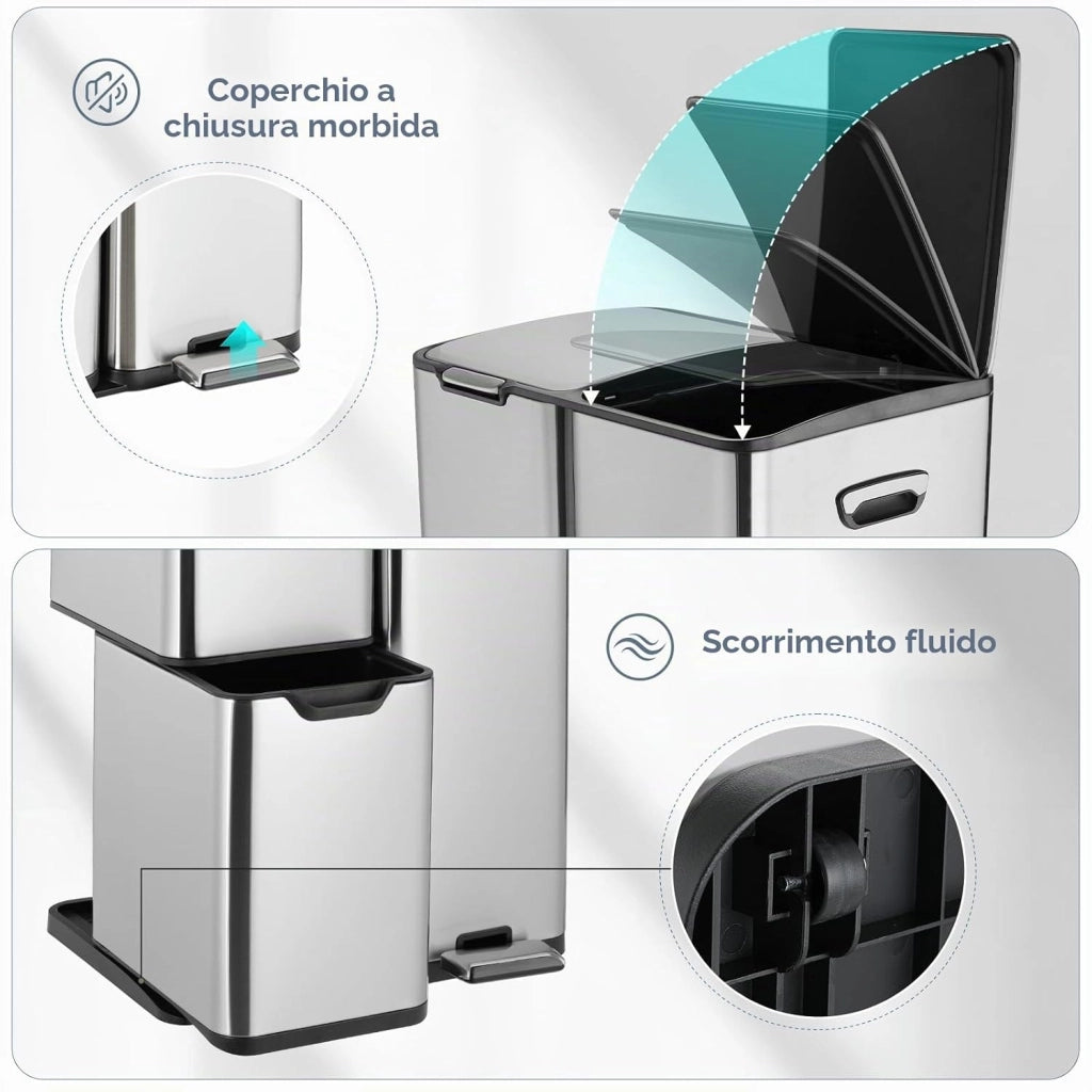 Pattumiera a 3 scomparti, sistema di raccolta differenziata da 60 l (30 + 17 + 13 L) con coperchio Softclose, pattumiera da cucina in acciaio inox, metallo, secchio interno rimovibile con