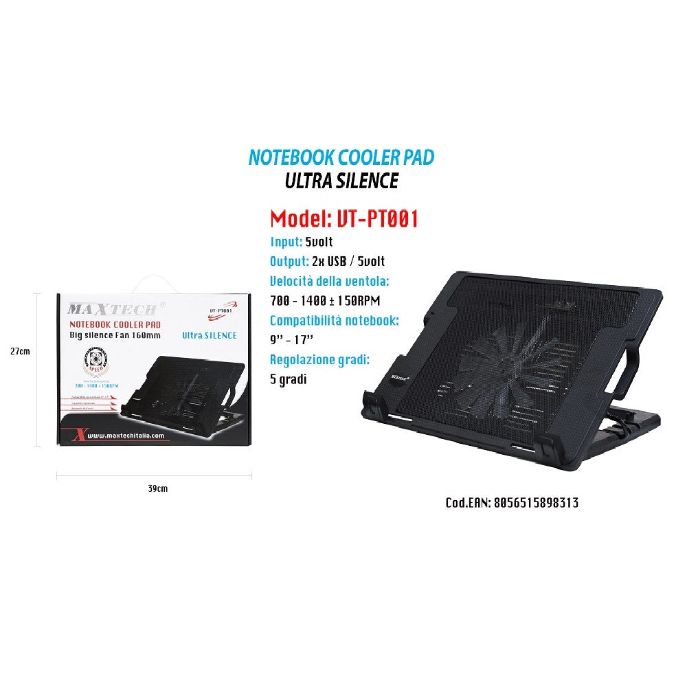 Trade Shop - Maxtech Supporto Notebook Ventola Raffredda Pc Base Regolabile Pad Laptop Vt-pt001 -