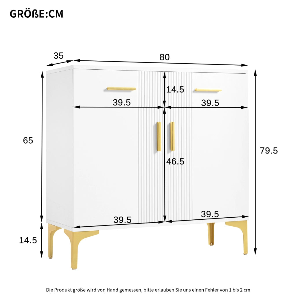 Credenza bianca in MDF con ante scanalate, cassetti e piedini metallici per ambienti ordinati