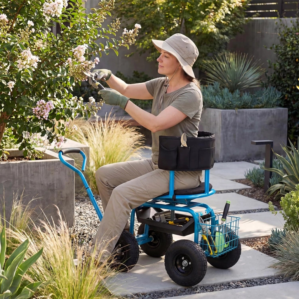 Carrello da Giardino, Sgabello con Ruote Girevole a 360°, Cuscino Imbottito, Schienale, Cestino, Tasca e Vassoio Porta Attrezzi, Carriola da Giardino e Cortile, 96 x 46 x 78-87 cm (Blu)