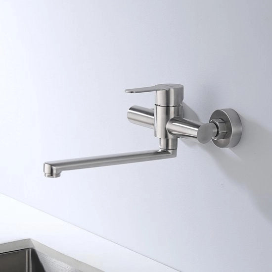 Wandkeukenkraan, keukenkraan wandgemonteerde mengkranen, wandgemonteerde spoelbakkraan per keuken eengreepsmengkraan con 360 gradi di rotazione dell'uscita lunga 23 cm in acciaio inox lucidato.
