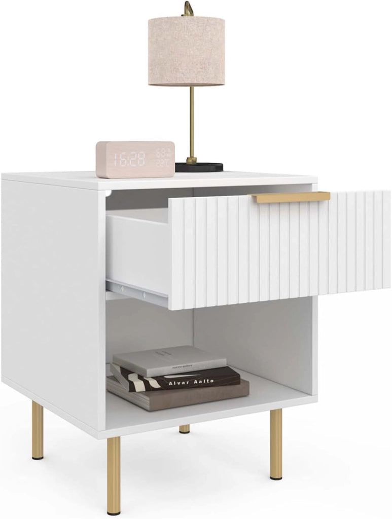 Set di 2 comodini a 1 cassetto Marcel con doghe in Legno Bianco e Oro