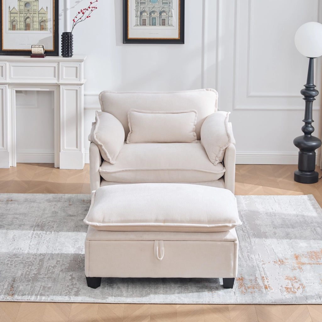 OKWISH Poltrona con Poggiapiedi, Seduta Ampia con Vano Contenitore e Tasca Laterale, Schienale Imbottito, Ciniglia Beige