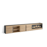 Mobile TV Soggiorno, 315x50x35 cm, Per TV fino a 80", Camino elettrico XXL, Rovere e nero