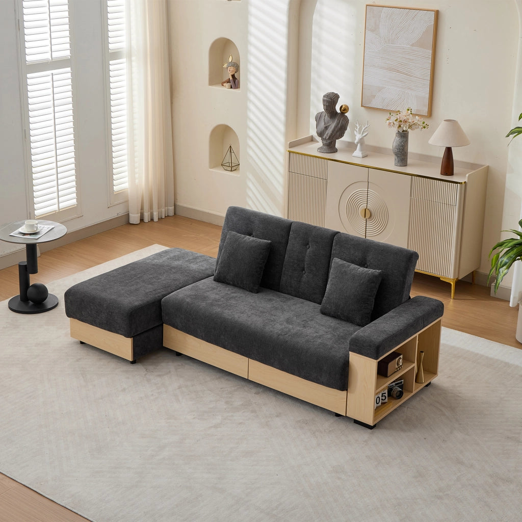 Divano in Chenille grigio con contenitore, schienale reclinabile 3 posizioni, 2 cassetti, portabicchieri e struttura in MDF, 217 cm.