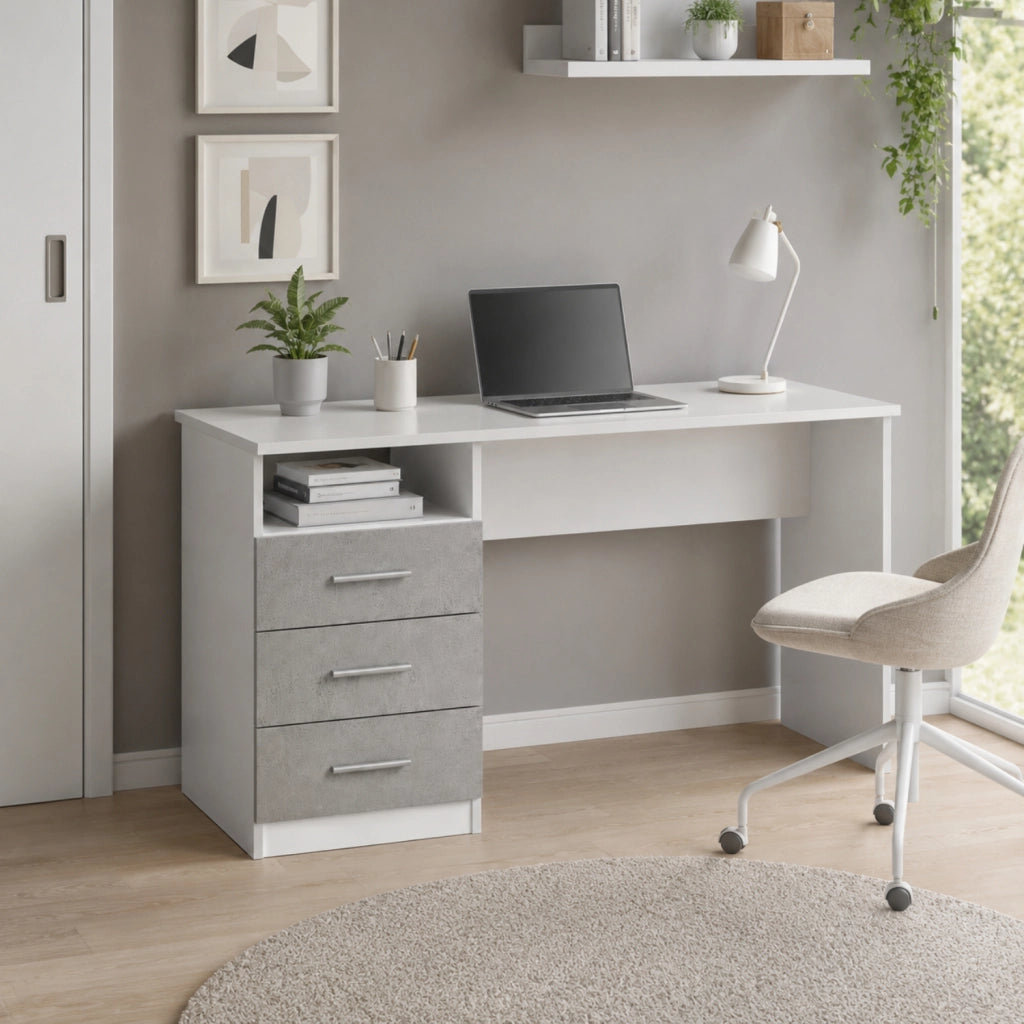 Scrivania con 3 Cassetti E Ripiano Lipsia Scrittoio da Studio o Ufficio Mobile Desk da Soggiorno Sala da Pranzo 120 x 72 x 48 cm Colore Bianco e Grigio Cemento