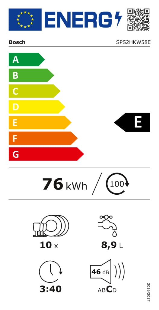 Lavastoviglie a libera Installazione Bosch SERIE 2 SPS2HKW58E 10 Coperti Classe E AxLxP(84,5x45x60) Alexa e Google Assistant