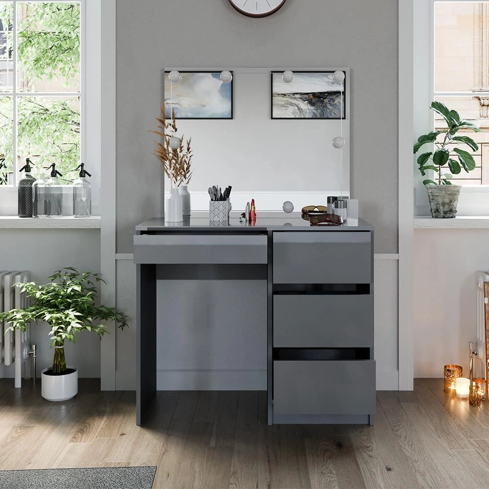 Vicco Tavolo da toeletta Sherry, Grigio, 90 cm con illuminazione a LED e sgabello, sgabello regolabile in altezza con funzione girevole a 360° per adattamento della seduta