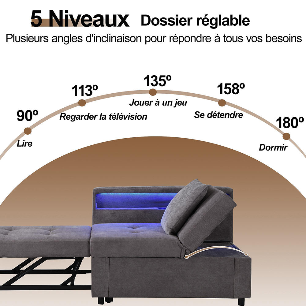 Divano letto 3 in 1 multifunzione - Xylo - tessuto lino, schienale regolabile, braccioli con LED e USB/Type-C