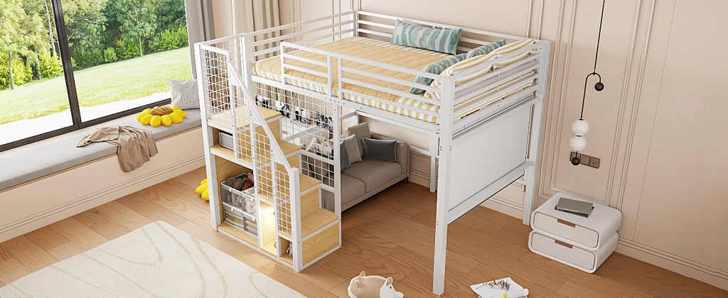 Letto a soppalco in metallo 140x200 con scala, sponda di sicurezza e vano contenitore, bianco