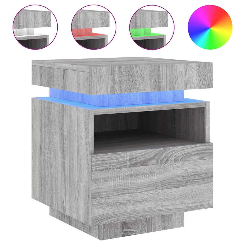 Comodino con Luci LED-Tavolino da notte Grigio Sonoma 40x39x48,5 cm