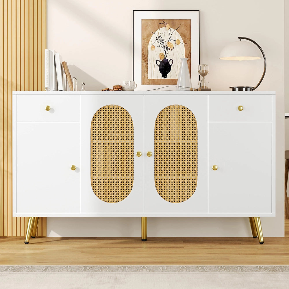 Commode buffet con 2 cassetti e 4 ante - Xylo - Bianco e toni naturali, L140xP35xH82 cm