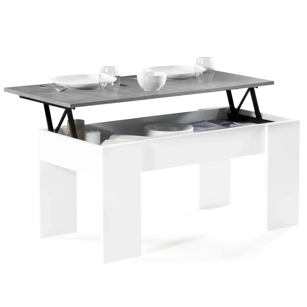 IDMarket - Tavolino con piano sollevabile TARA effetto legno e cemento bianco
