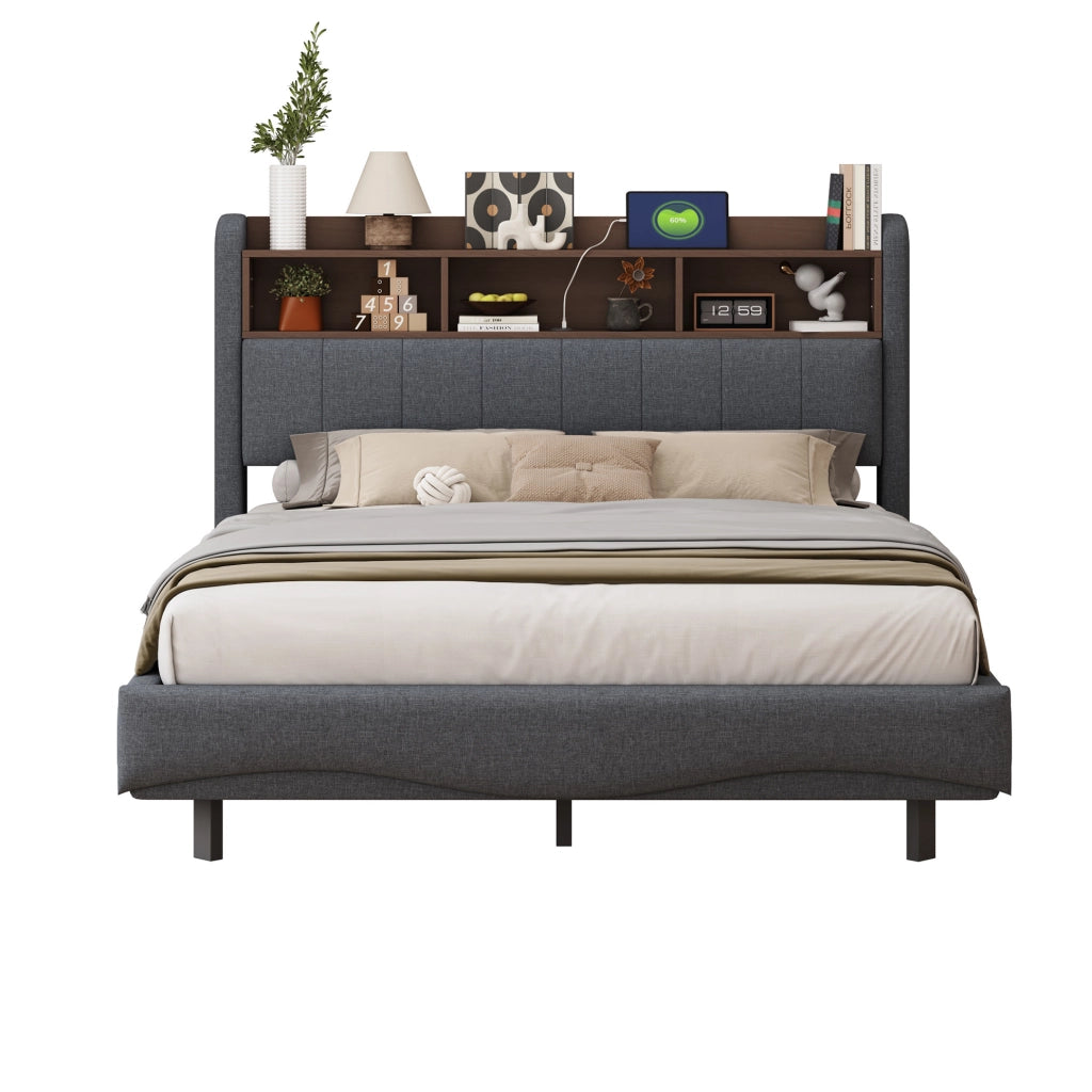 Letto imbottito sospeso 140x200 cm con LED, USB e USB-C in tessuto grigio