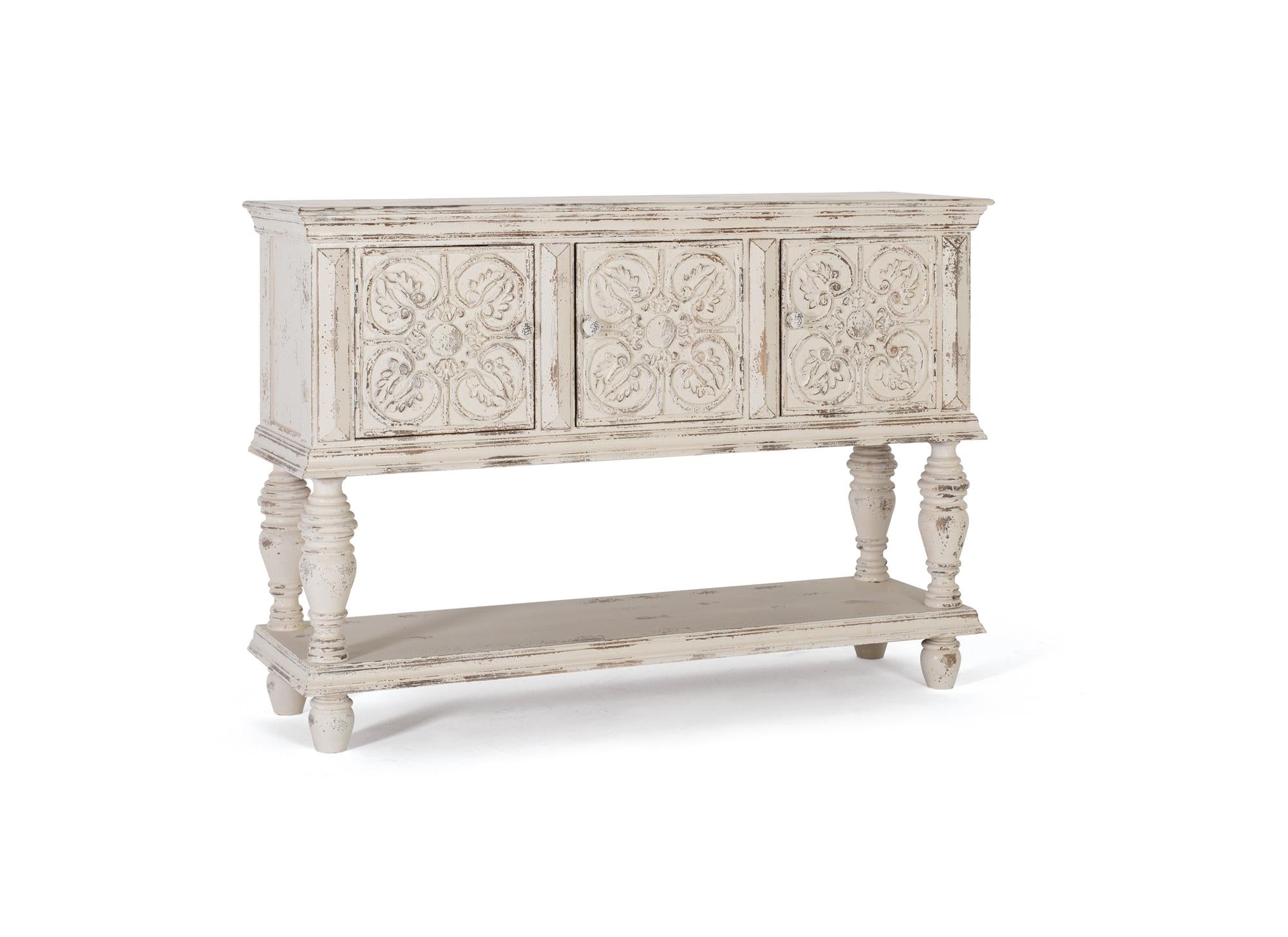 Consolle a tre ante e ripiano in massello di mango intagliato