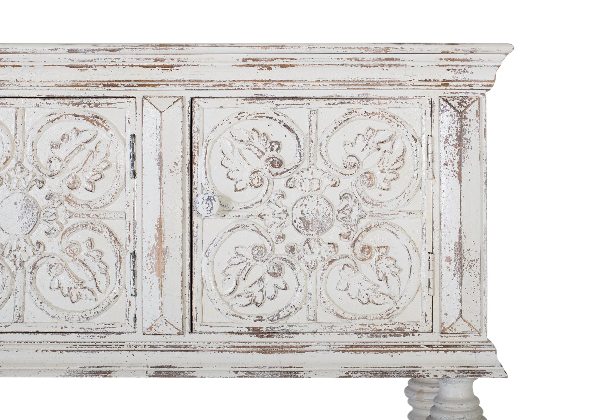 Consolle a tre ante e ripiano in massello di mango intagliato