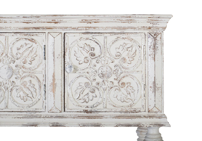 Consolle a tre ante e ripiano in massello di mango intagliato