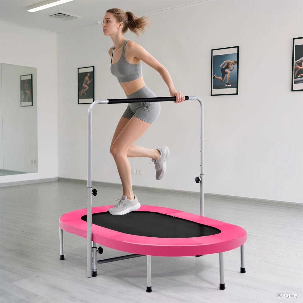 Trampolino Elastico da Interno ed Esterno, Tappetino Elastico Pieghevole per Adulti e Bambini con Maniglia Regolabile, Molle e Cuscinetto di Sicurezza, Trampolino Ovale per 2 Persone
