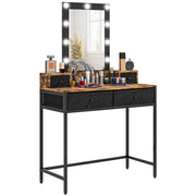 Tavolo trucco con specchio LED regolabile ¨C Minimal ¨C nero, metallo, tessuto, 4 cassetti, effetto legno scuro