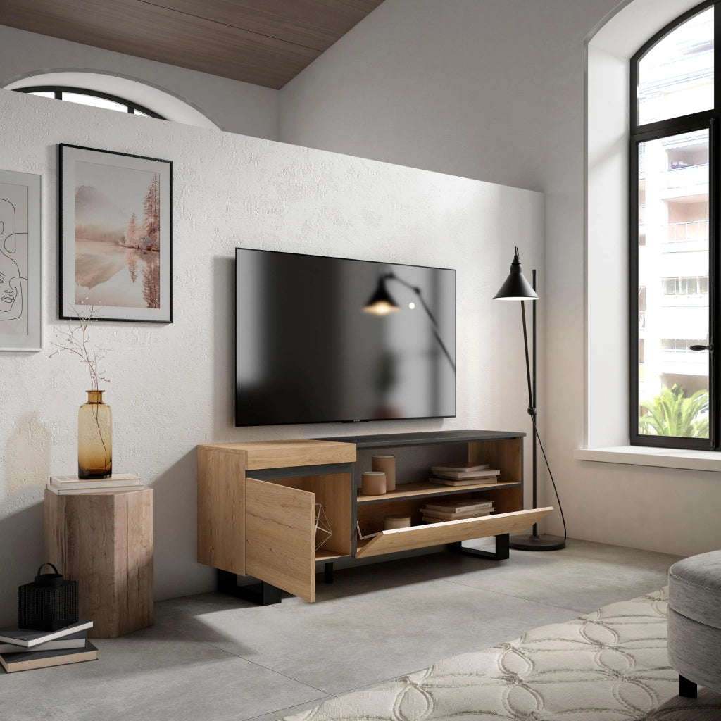 Mobile TV Soggiorno, 150x35x57cm, Per TV fino a 65", Design industriale, colore Rovere e nero RF2434