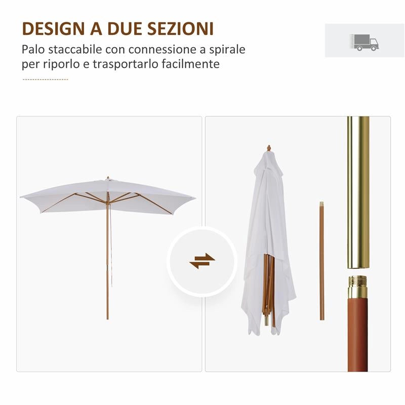 OMBRELLONE DA GIARDINO 2X3 IN LEGNO LACCATO CON COPERTURA RIMOVIBILE, BIANCO