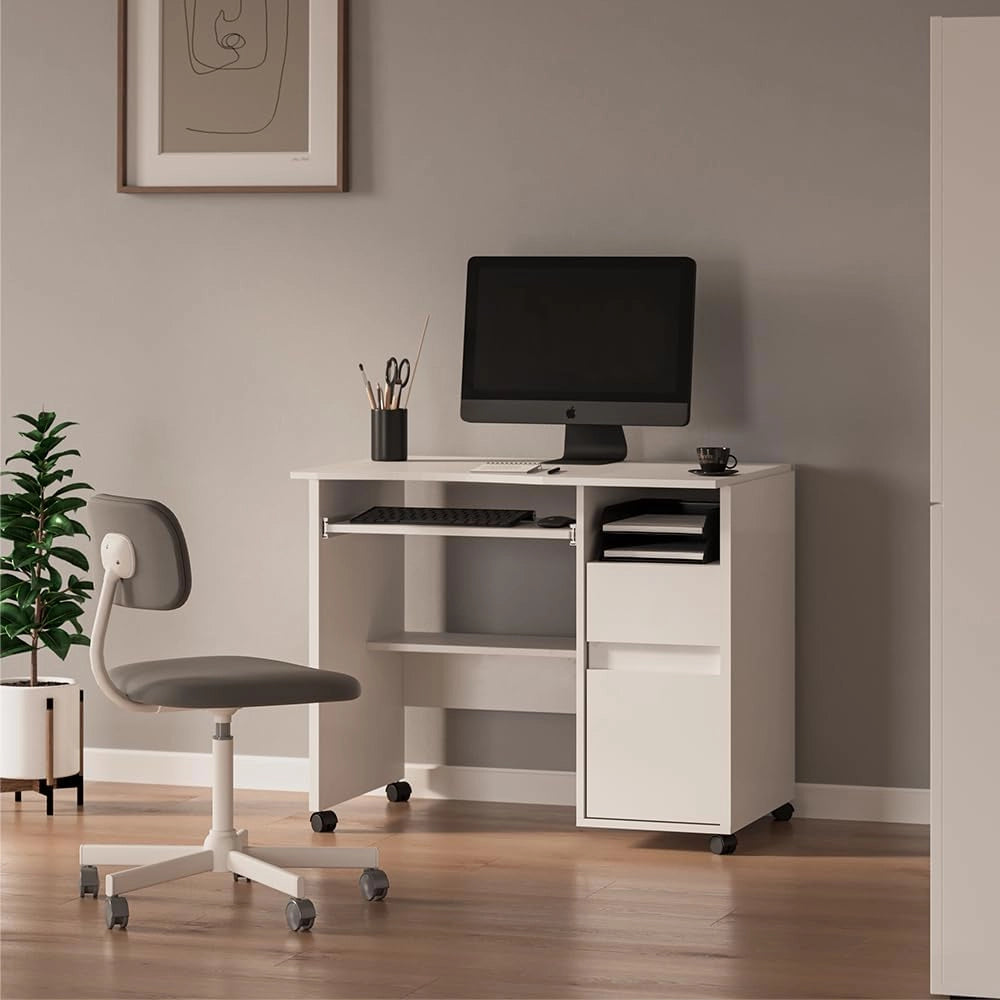 Scrivania Polo, Bianco, 91 x 59 cm, con ruote e piano di lavoro estraibile