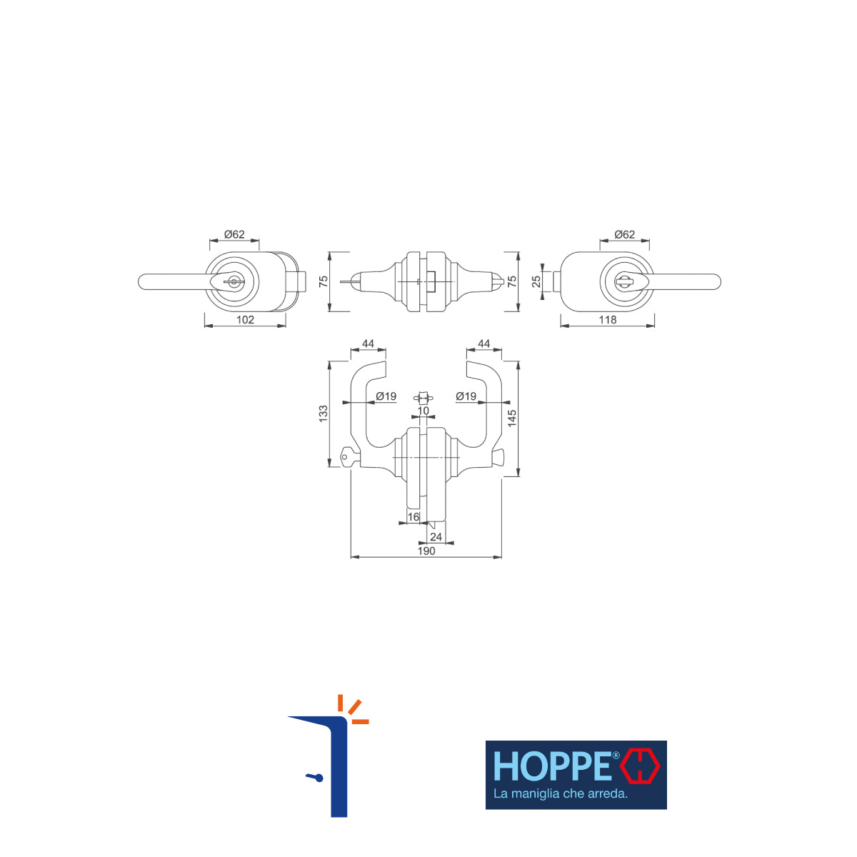 Maniglia per porta vetro cristallo HOPPE Paris in alluminio con cilindro
