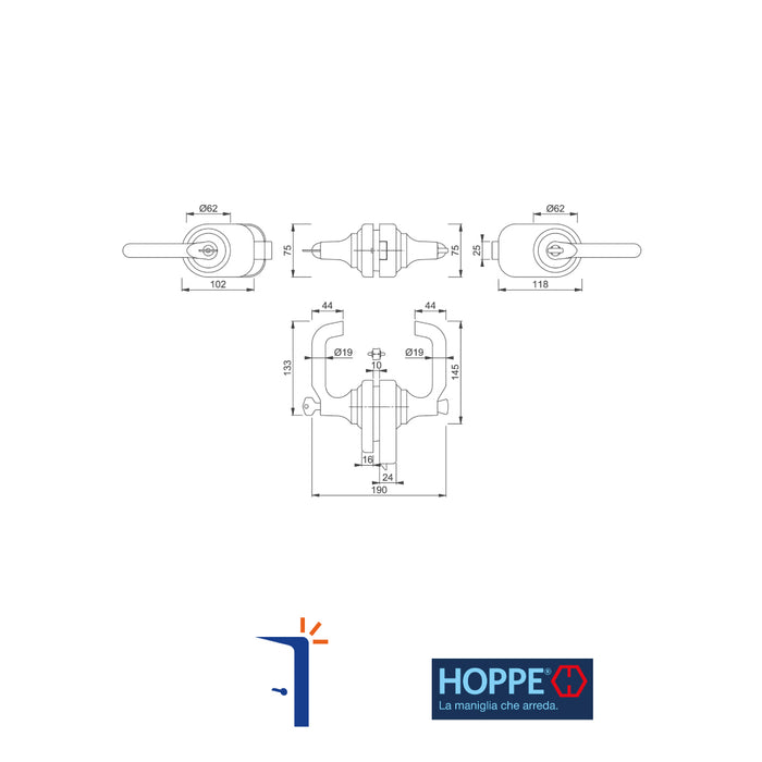 Maniglia per porta vetro cristallo HOPPE Paris in alluminio con cilindro