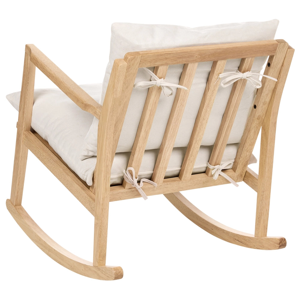 Poltrona a dondolo con rivestimento in poliestere struttura in legno di gomma stile scandinavo tessuto beige chiaro